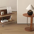 Modern Round Wooden Side Table With Black Base White Lampshade On Wooden Floor