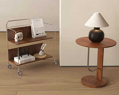 Modern Round Wooden Side Table With Black Base White Lampshade On Wooden Floor 3d model