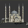 Traditional Islamic Mosque Architecture With Blue Main Dome Multiple Domes And Four Minarets