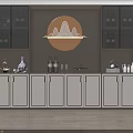 Luxury Wine Cabinet With White Gray Glass Doors LED Lighting And Round Decorative Painting
