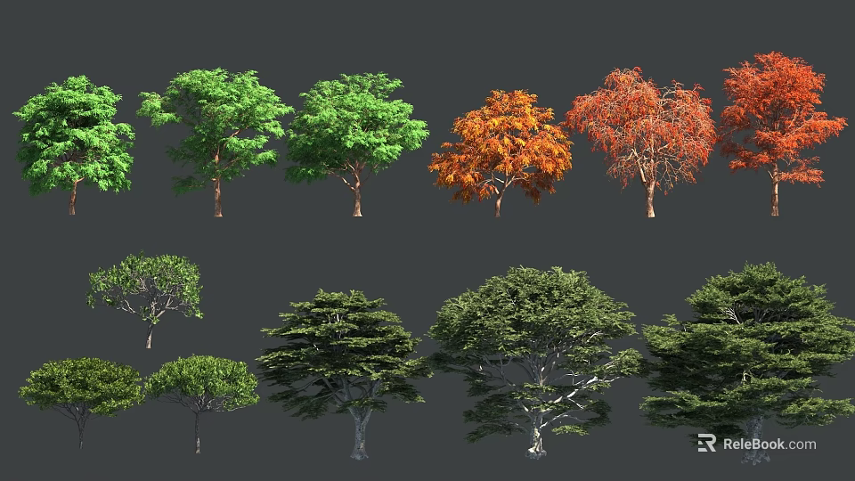 Various Arbor Trees With Green Orange Red Foliage And Diverse Canopy Shapes 3d model 