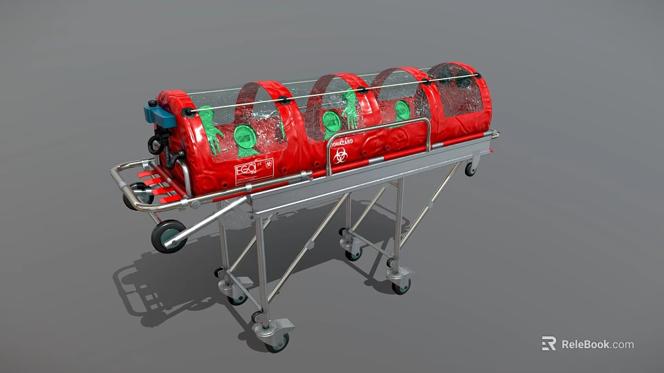 Red Medical Isolation Transport Capsule With Transparent Covers Metal Frame And Wheels 3d model 