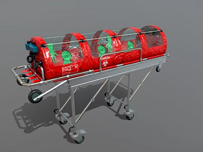 Red Medical Isolation Transport Capsule With Transparent Covers Metal Frame And Wheels 3d model