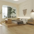 Modern Bedroom Interior With Wooden Flooring Large Bed Windows Green Plants Desk And Storage Cabinet