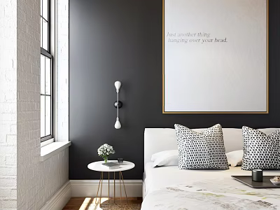 Elegant Double Bed with Black Wall White Framed Artwork Round Side Table and Patterned Pillows 3d model