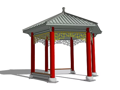 Traditional Chinese Pavilion With Red Pillars Gray Roof And Yellow Carvings 3d model