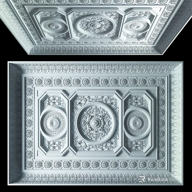 Ornate Ceiling Design With Intricate Carvings Circular Rosettes And Classic Decorative Moldings 3d model 