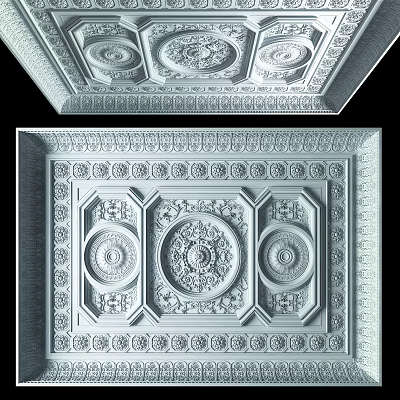 Ornate Ceiling Design With Intricate Carvings Circular Rosettes And Classic Decorative Moldings 3d model