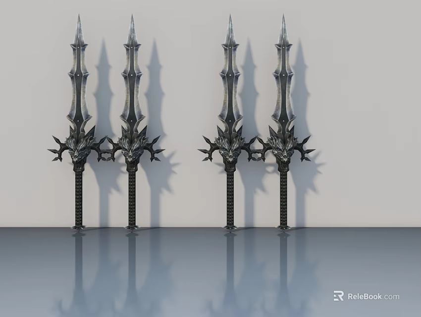 Decorative Metal Swords With Spiked Design Standing On Smooth Floor With Reflection 3d model 