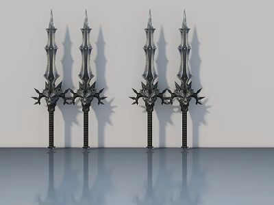 Decorative Metal Swords With Spiked Design Standing On Smooth Floor With Reflection 3d model