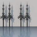 Decorative Metal Swords With Spiked Design Standing On Smooth Floor With Reflection