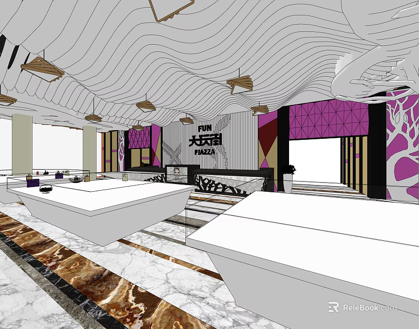 Modern Store Front Desk Design With Elegant Decorative Wall And Lighting 3d model