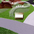 Garden Landscape Design with Green Lawn Winding Path Rockery Structure Bench and White Decorative Lines