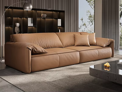 Modern Latte Leather Sofa with Pillows and Coffee Table with Yellow Ornament in Living Room 3d model