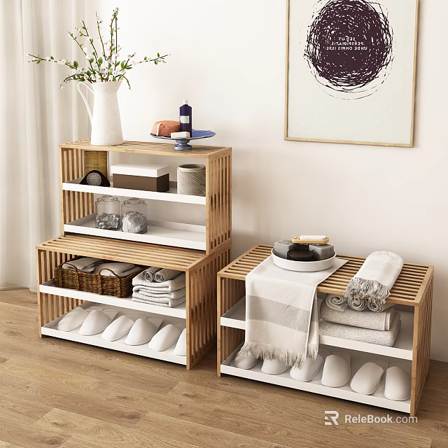 Multi tiered Wooden Shoe Rack With Storage Towels Toiletries Vase And Shoes 3d model 