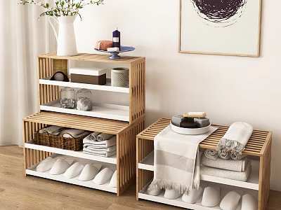 Multi tiered Wooden Shoe Rack With Storage Towels Toiletries Vase And Shoes 3d model