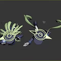 Green Haired Game Movie Characters in Navy Blue Uniforms with Hats and Halo Spiral Objects