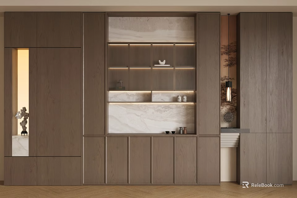 Modern Wooden Sideboard with Marble Countertop Integrated Lighting and Open Shelves in Contemporary Interior Design 3d model 