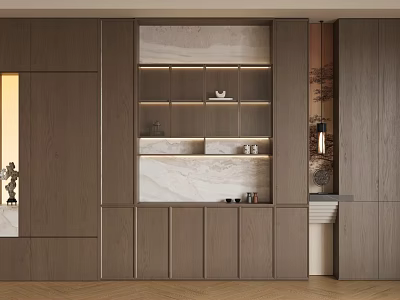 Modern Wooden Sideboard with Marble Countertop Integrated Lighting and Open Shelves in Contemporary Interior Design 3d model