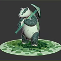 Cartoon Badger Character Standing And Holding Umbrella On Green Spotted Circular Base