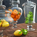 Elegant Ceramic Storage Jars Holding Lemons Oranges Green Apples on Wooden Table