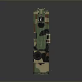 Camouflaged Military Tactical Transport Vehicle with Multiple Wheels Roof Antennas and Spare Tire