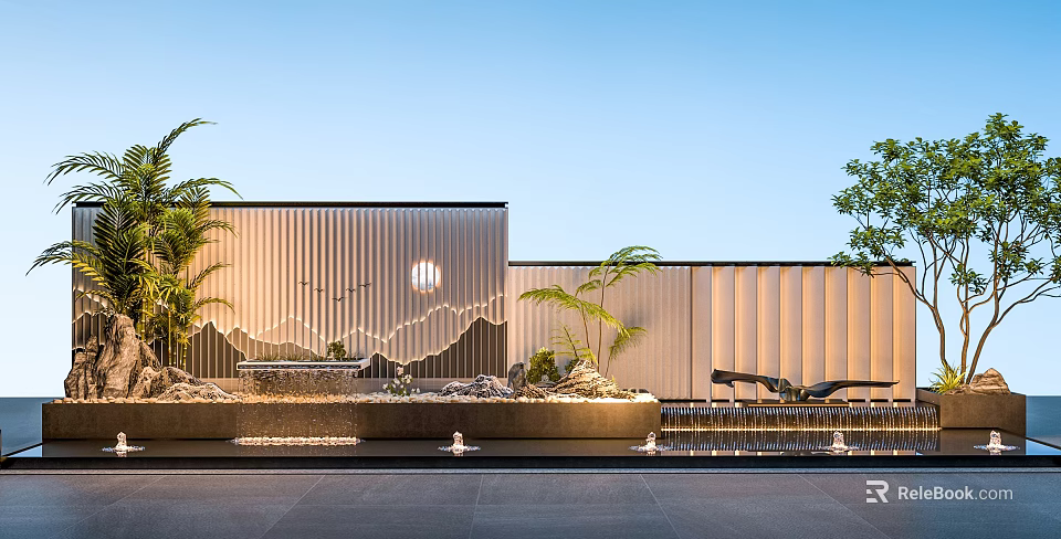 Modern Outdoor Courtyard Design With Textured Wall Water Feature And Palm Trees 3d model 