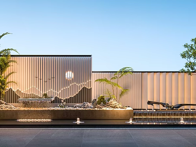 Modern Outdoor Courtyard Design With Textured Wall Water Feature And Palm Trees 3d model