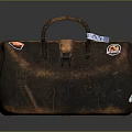Vintage Brown Leather Handbag with Decorative Stickers and Handle Strap
