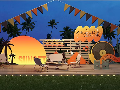 Sunset Scene With Palm Trees Colorful Bunting Flags And Outdoor Lounge Area 3d model