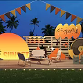 Sunset Scene With Palm Trees Colorful Bunting Flags And Outdoor Lounge Area