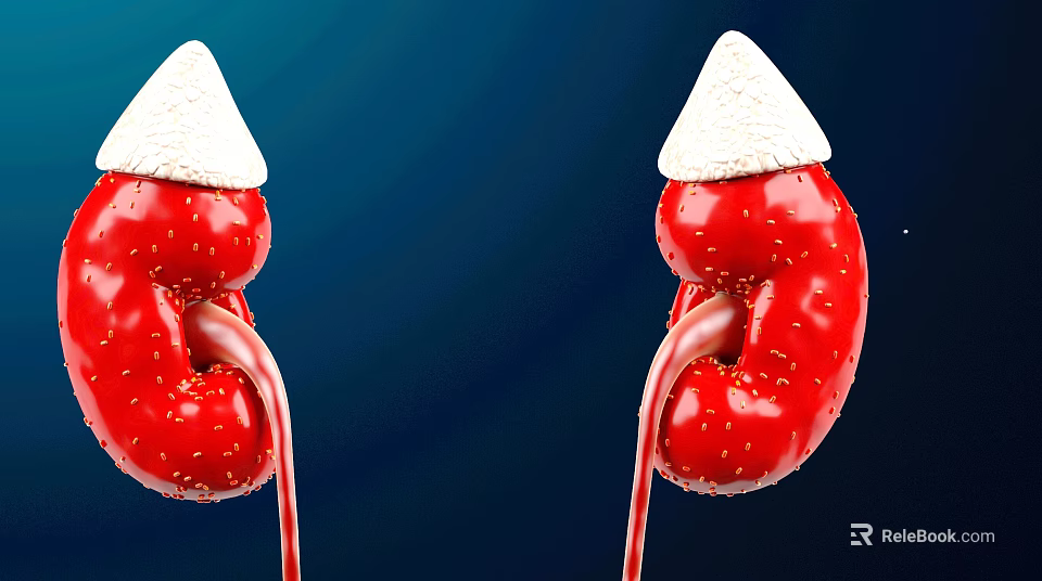 Red Kidney Shaped Objects With White Tops Yellow Spots And Red Tubes On Blue Background 3d model 