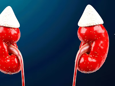 Red Kidney Shaped Objects With White Tops Yellow Spots And Red Tubes On Blue Background 3d model