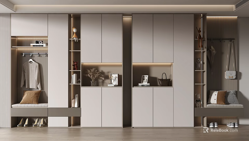 Modern White Shoe Cabinet Interior With Storage Shelves Coat Rack And Decor Items 3d model 