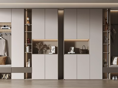 Modern White Shoe Cabinet Interior With Storage Shelves Coat Rack And Decor Items 3d model