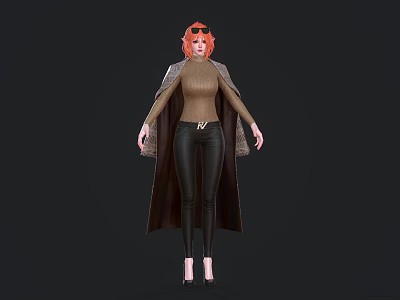 Red Haired Woman Wearing Sunglasses Turtleneck Sweater Long Cape Black Leather Pants and High Heels 3d model