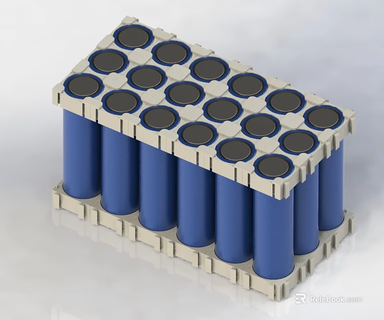 Blue Cylindrical Battery Pack With Neatly Arranged Cells In White Frame 3d model