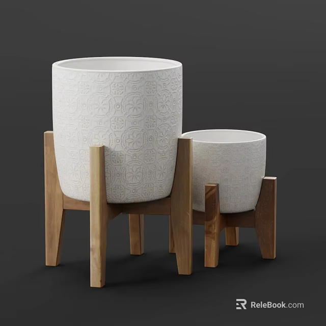 Elegant Bonsai Potted Plants in White Patterned Pots on Wooden Stands 3d model 