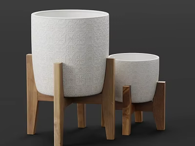 Elegant Bonsai Potted Plants in White Patterned Pots on Wooden Stands 3d model