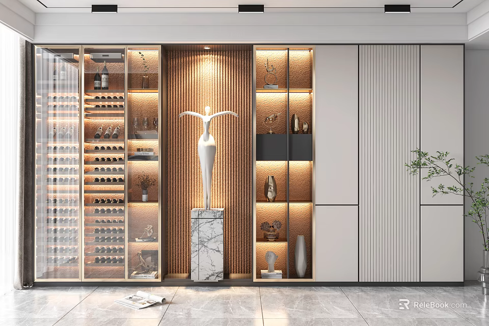 Modern Wine Cabinet Interior With Glass Door And Decorative Items On Marble Base 3d model 