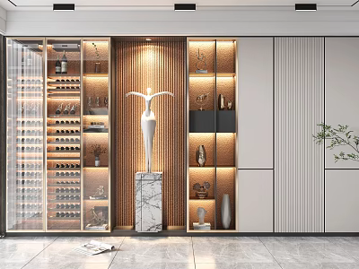 Modern Wine Cabinet Interior With Glass Door And Decorative Items On Marble Base 3d model