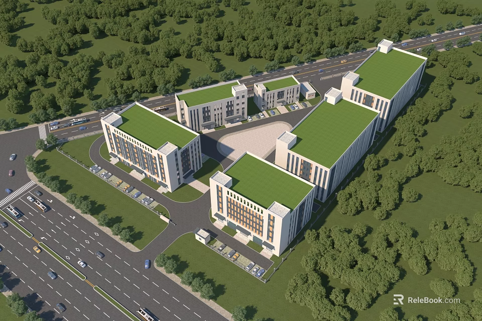 Modern Industrial Factory Complex With Green Roofs And Tree Surrounded Premises 3d model