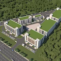 Modern Industrial Factory Complex With Green Roofs And Tree Surrounded Premises 3d model