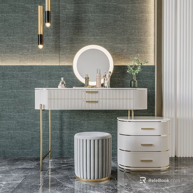 Modern Dressing Table Design With Round Mirror Golden Legs Drawers And Green Plant 3d model 