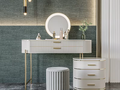 Modern Dressing Table Design With Round Mirror Golden Legs Drawers And Green Plant 3d model