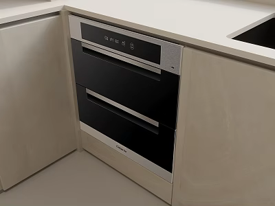 Modern Minimalist Kitchen With Built in Double Oven Light Cabinets And White Countertop 3d model