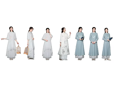 Women In Light Blue Traditional Dresses Showing Various Graceful Poses Holding Accessories 3d model