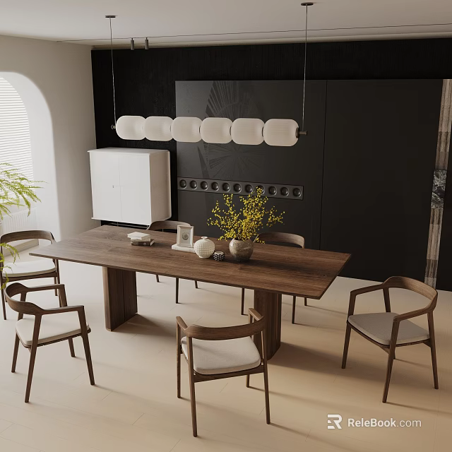 Modern Wooden Dining Table Set With Minimalist Chairs Black Wall And Pendant Lights 3d model 