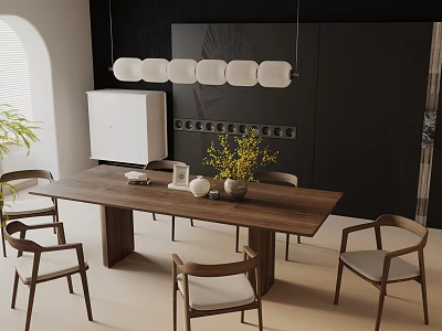 Modern Wooden Dining Table Set With Minimalist Chairs Black Wall And Pendant Lights 3d model