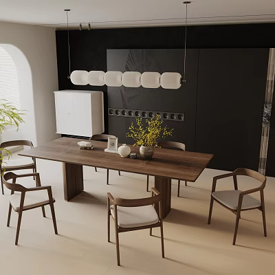 Modern Wooden Dining Table Set With Minimalist Chairs Black Wall And Pendant Lights 3d model